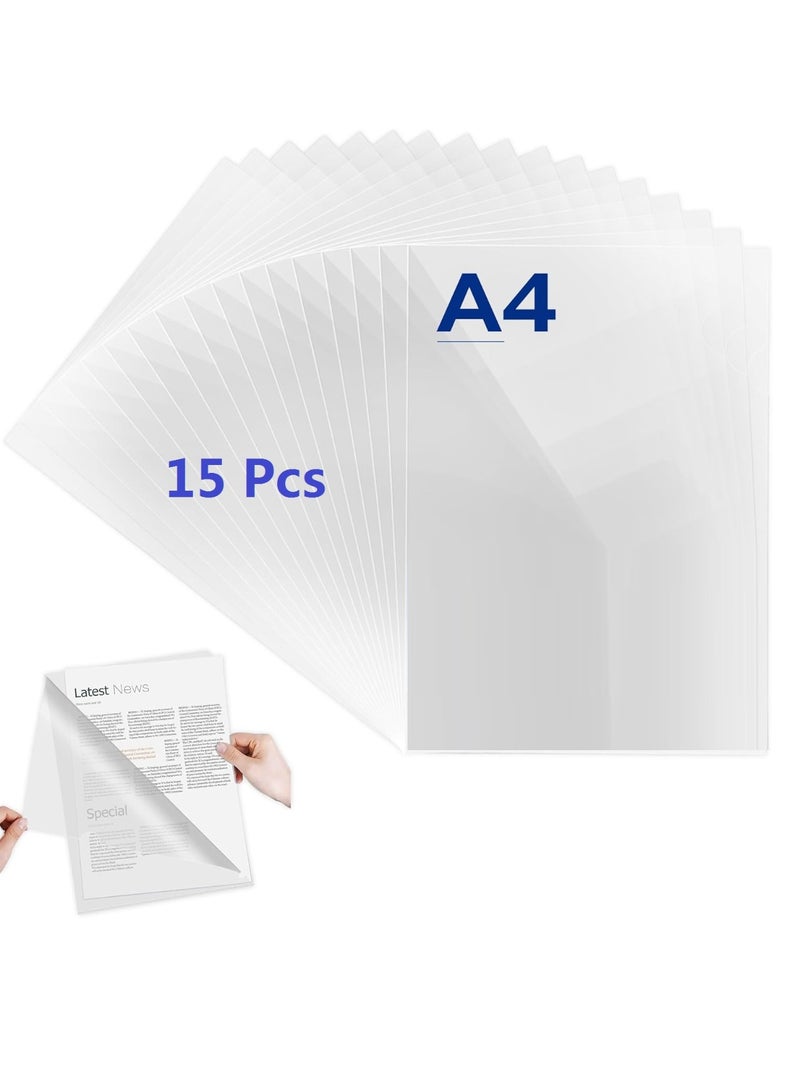 LAIAOCISI 15 Pack Clear Plastic Transparent A4 Document File Folder Project Organiser Protector L-Type Presentation Pockets Paper Storage School, Office Supplies - Image 1